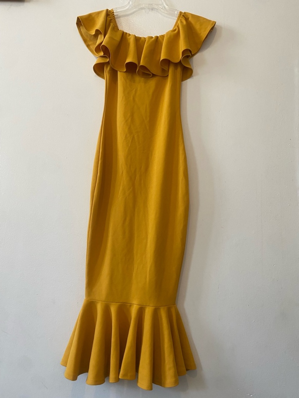 Fashion Nova Mustard Yellow Ruffle Off-Shoulder Dress